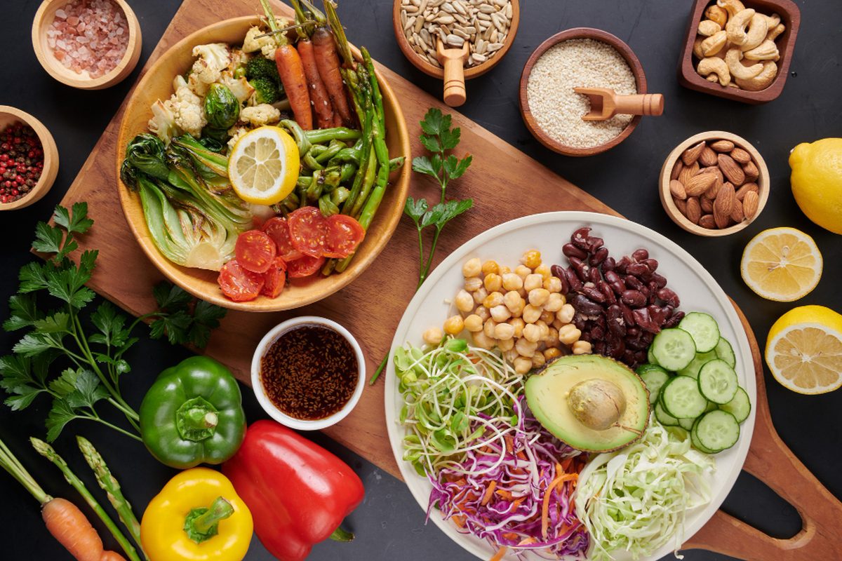 Colorful whole foods, vegetables and healthy fats